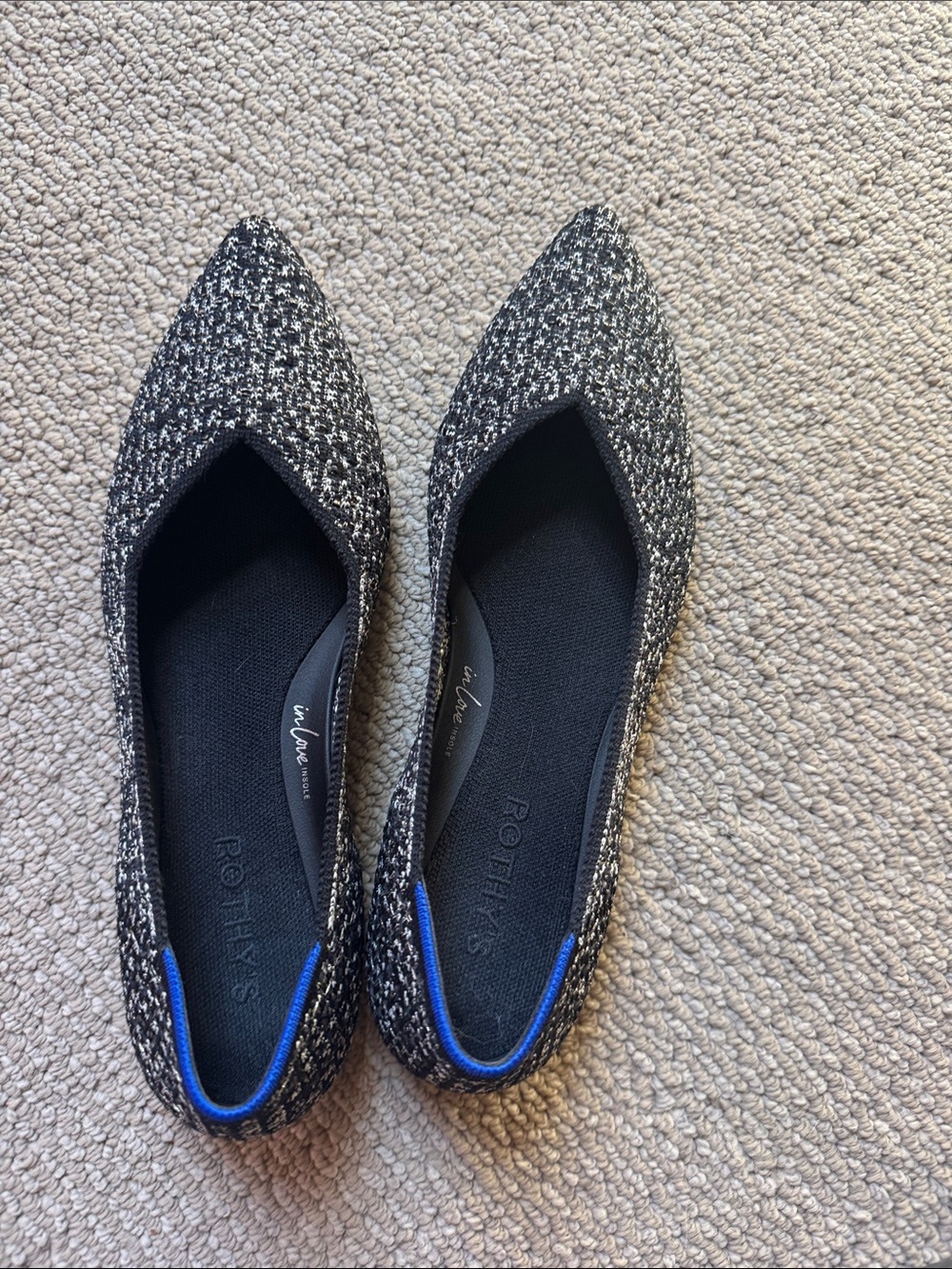 Rothy's Pointed Tweed Flats in Black & White with Blue Trim